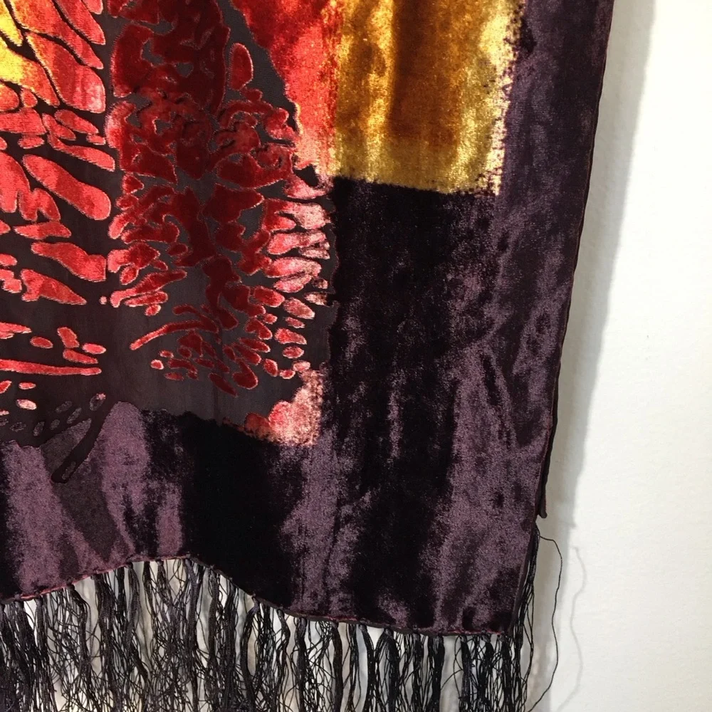 Silk‎ Velvet Burnout Fringe Wrap Hippie Whimsigoth Botantical Floral Leaf Sheer